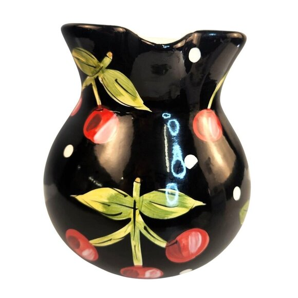 Tabletops Gallery Boulevard Hand Painted Black Ceramic Pitcher With Cherry & Pol - Picture 3 of 8